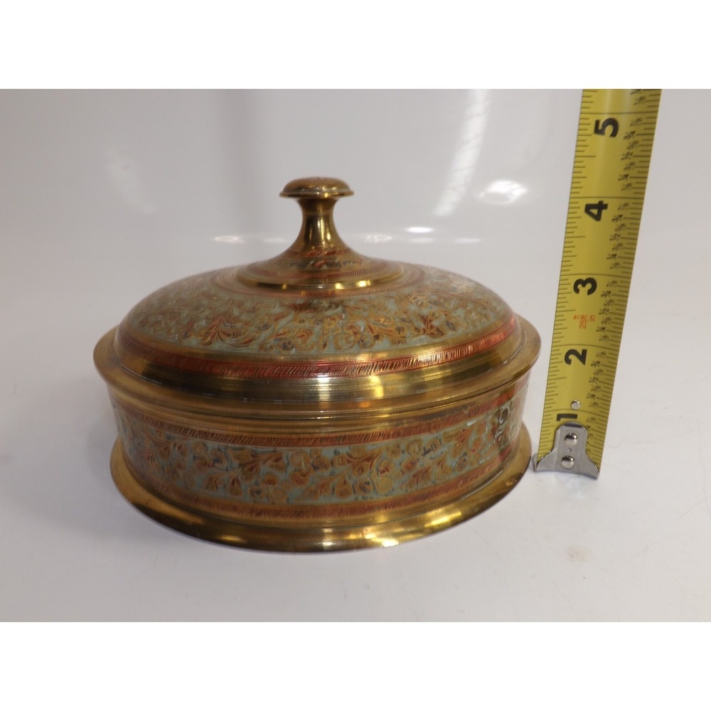 Sold brass 7" dish & cover hand painted accents - stamped: MYK Made in India